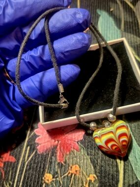 Fossil Multicolor Striped Heart Glass Pendant Necklace with Black Leather Cord.